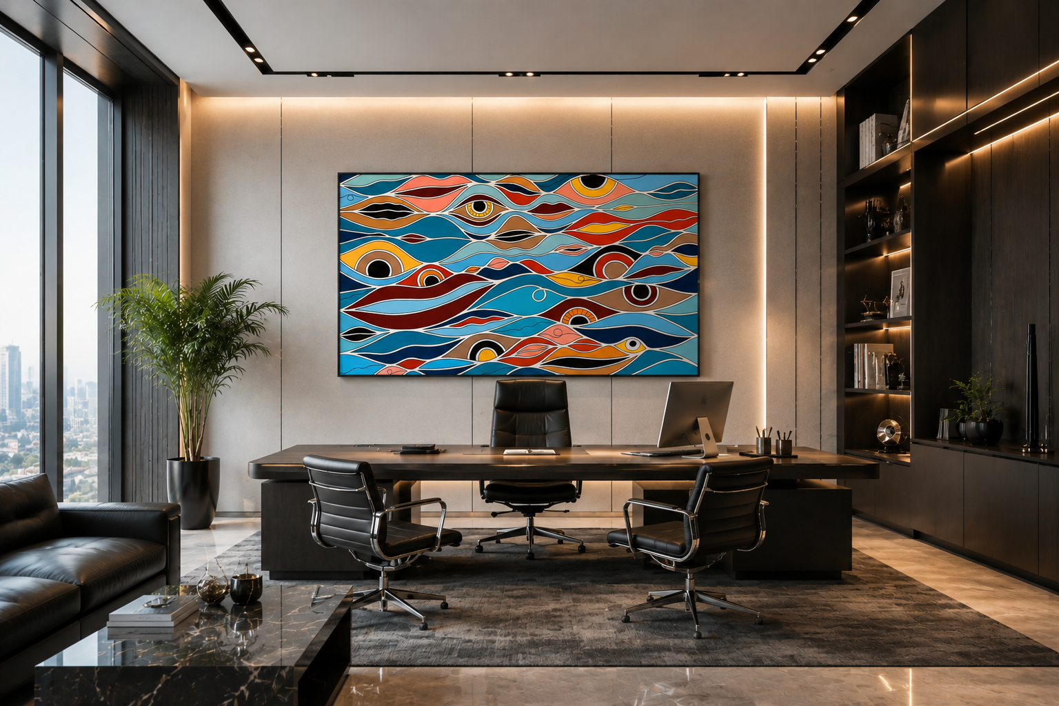 A large abstract painting hanging in a quiet, light-filled gallery room