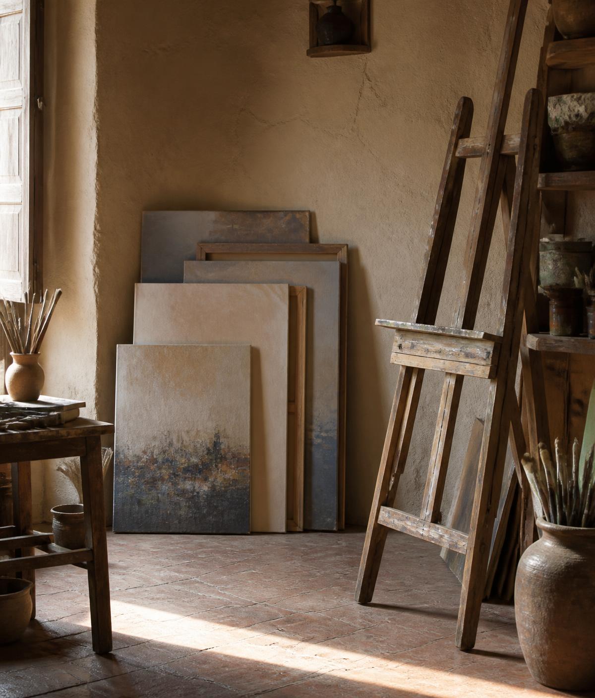 The artist's studio: canvases leaning against a plaster wall beside a wooden easel